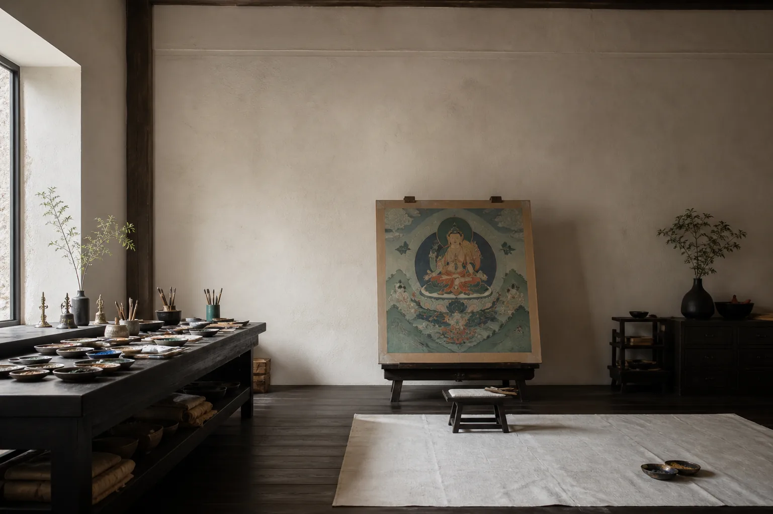 家族画谱与工作室叙事 · 自然光下安静的原创艺术工作室演示场景
